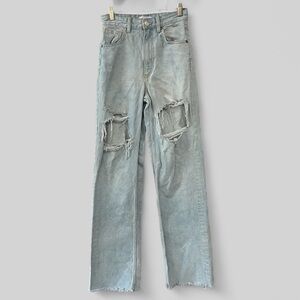 Zara Wide leg Destroyed Jeans Size 2 Light Wash Raw Hem High Rise Pockets